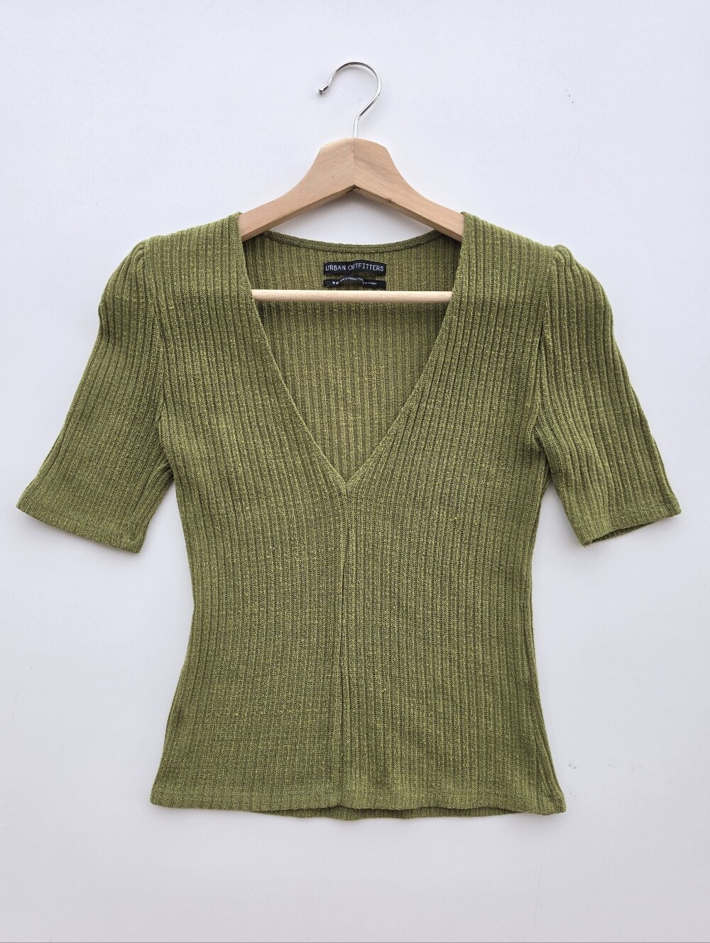 Urban Outfitters Puff Sleeve Ribbed Knit V-neck Top
